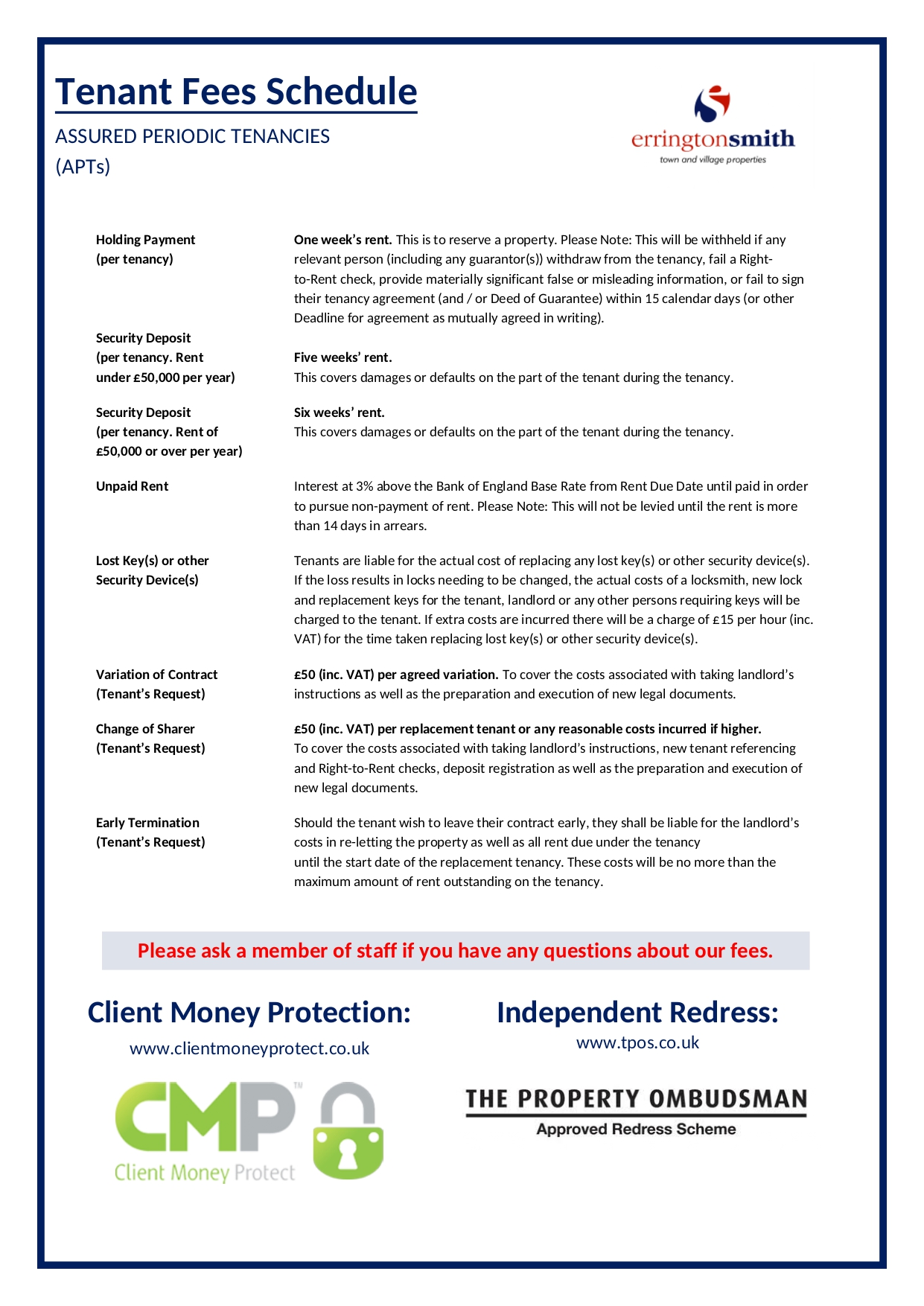 Tenant Fees Schedule 24-04-2026